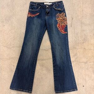 Crest Dark Blue Flare Jeans with Red Embroidery